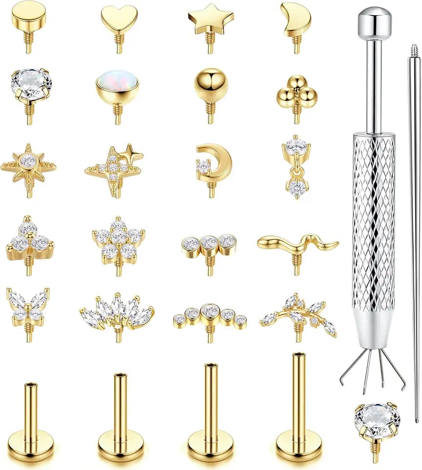 ORAZIO Flat Back Stud Earrings for Women Internal Thread Piercing Jewelry