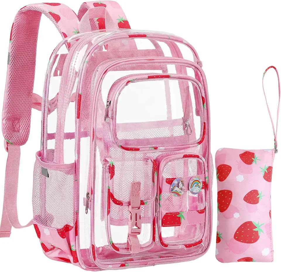 Clear Backpack for Kids, Strawberry Backpack for Girls, Water-Resistant See Through Bookbag with Chest Strap for Preschool Kindergarten College Travel Stadium Work Concert