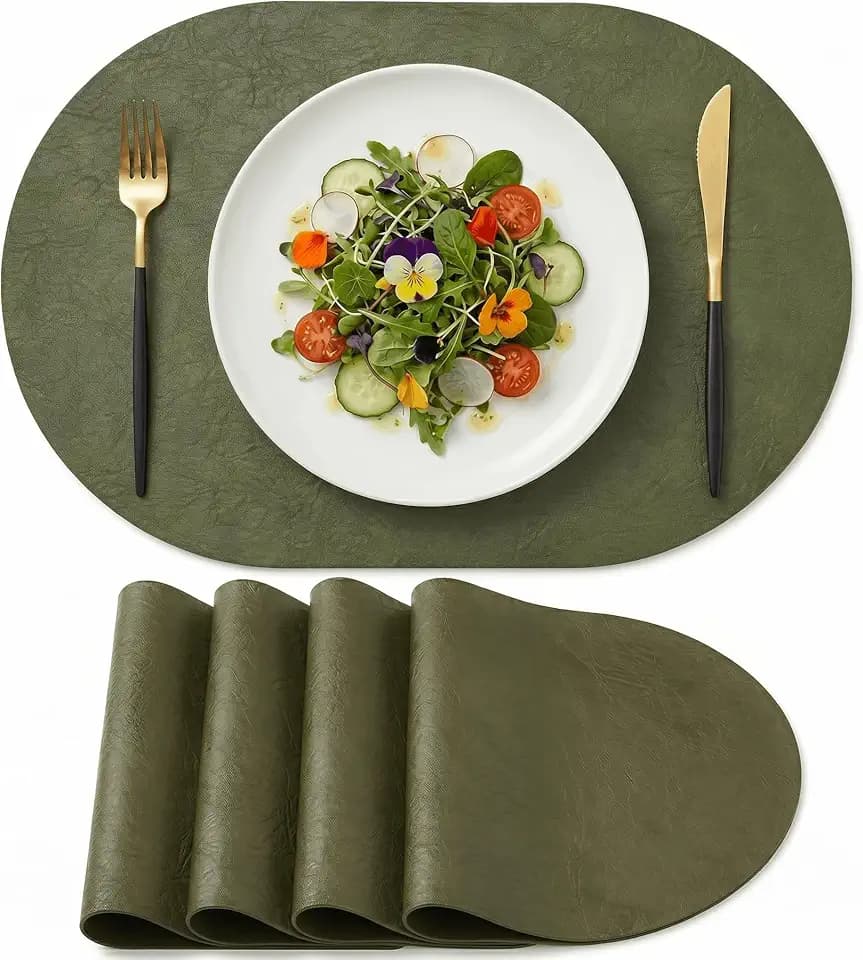 Artoid Mode Olive Green Faux Leather Oval Placemats Set of 4, 12 x 18 Inch Waterproof Wipeable Heat Resistant Vinyl Place Mats, Reversible Table Mats for Kitchen Dining Decor