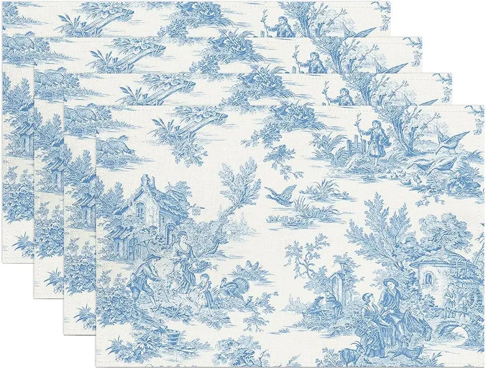 Vintage French Country Placemats Set of 4 Blue French Toile Print Decorative Linen Table Place Mat Non-Slip Heat Resistant Place Mats for Home Kitchen Dining Table, 12"x18"