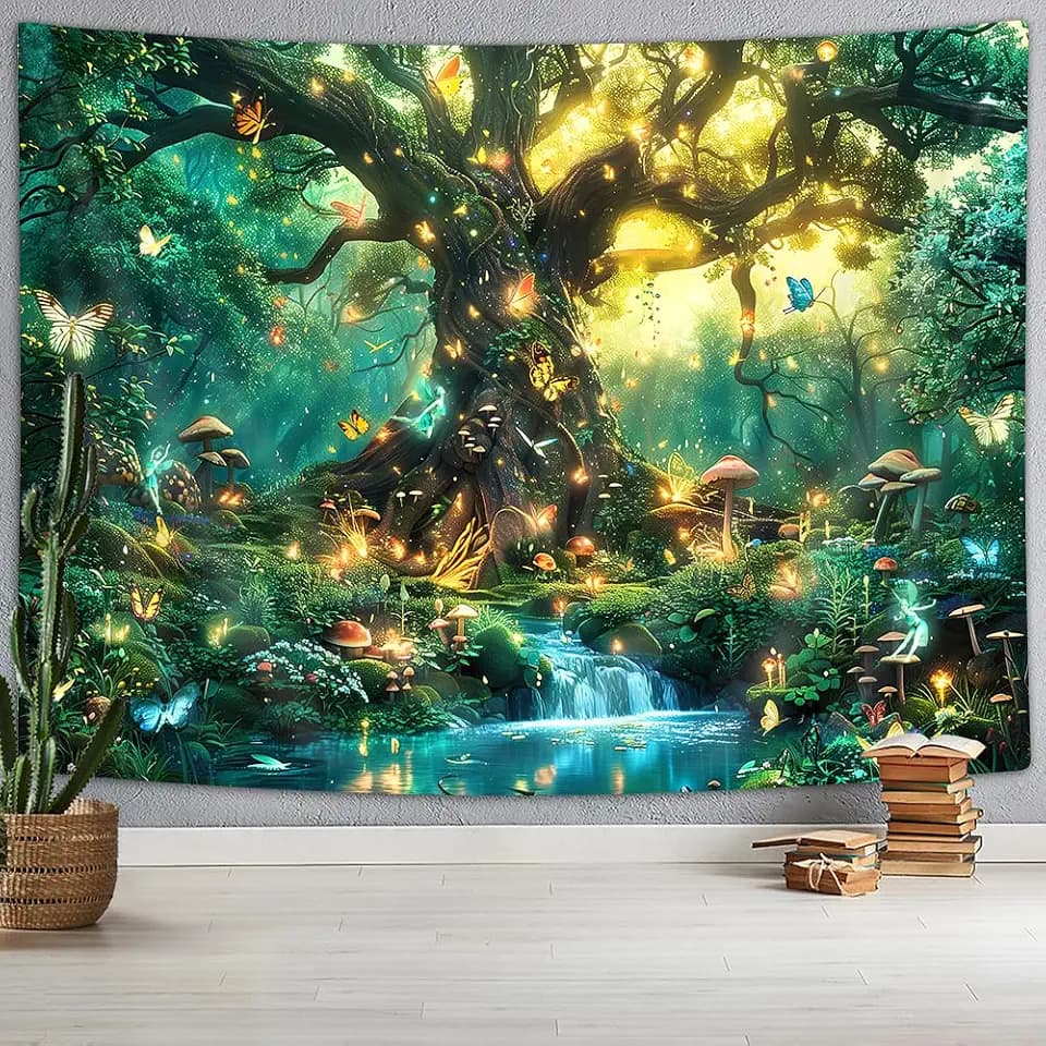 Fantasy Forest Nature Wall Hanging, Magical Enchanted Jungle Tree Waterfall Mushroom Butterfly Tapestry, Trippy Plant Botanical Aesthetic for Bedroom Living Room, 90x70 Green