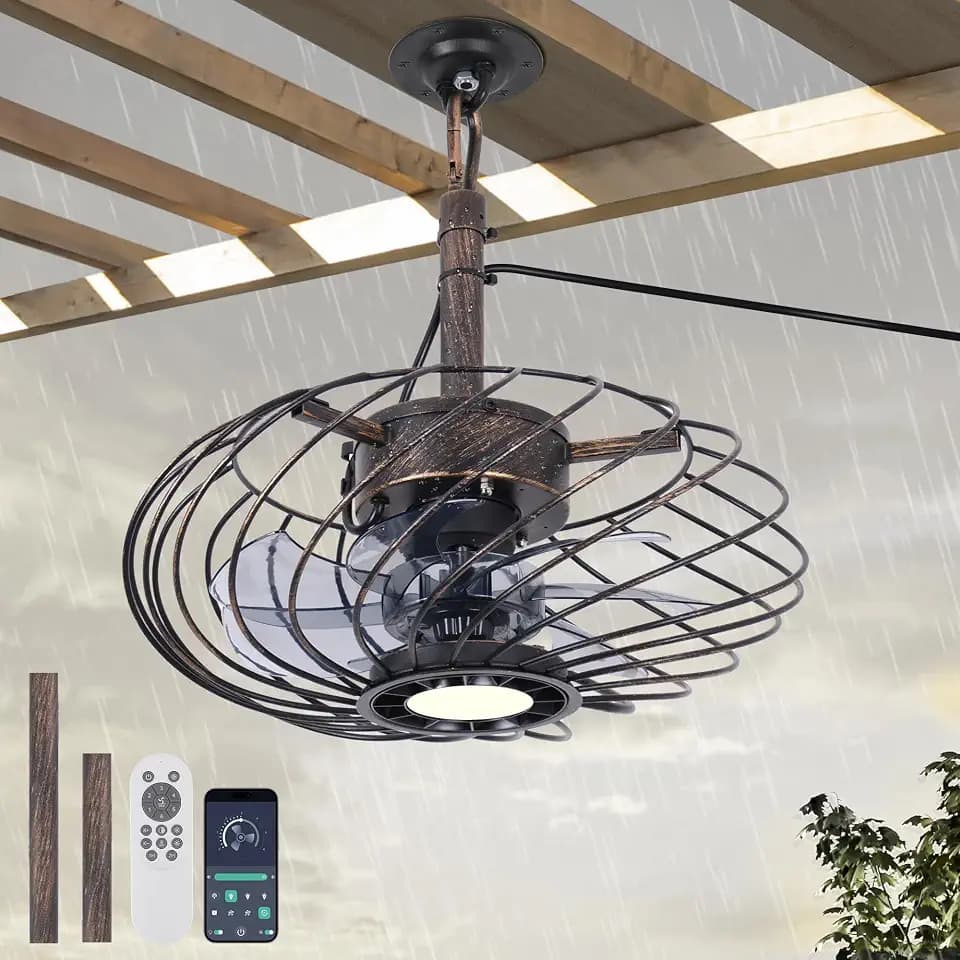 15" Black with Gold Outdoor Ceiling Fan with Remote Dimmable Light