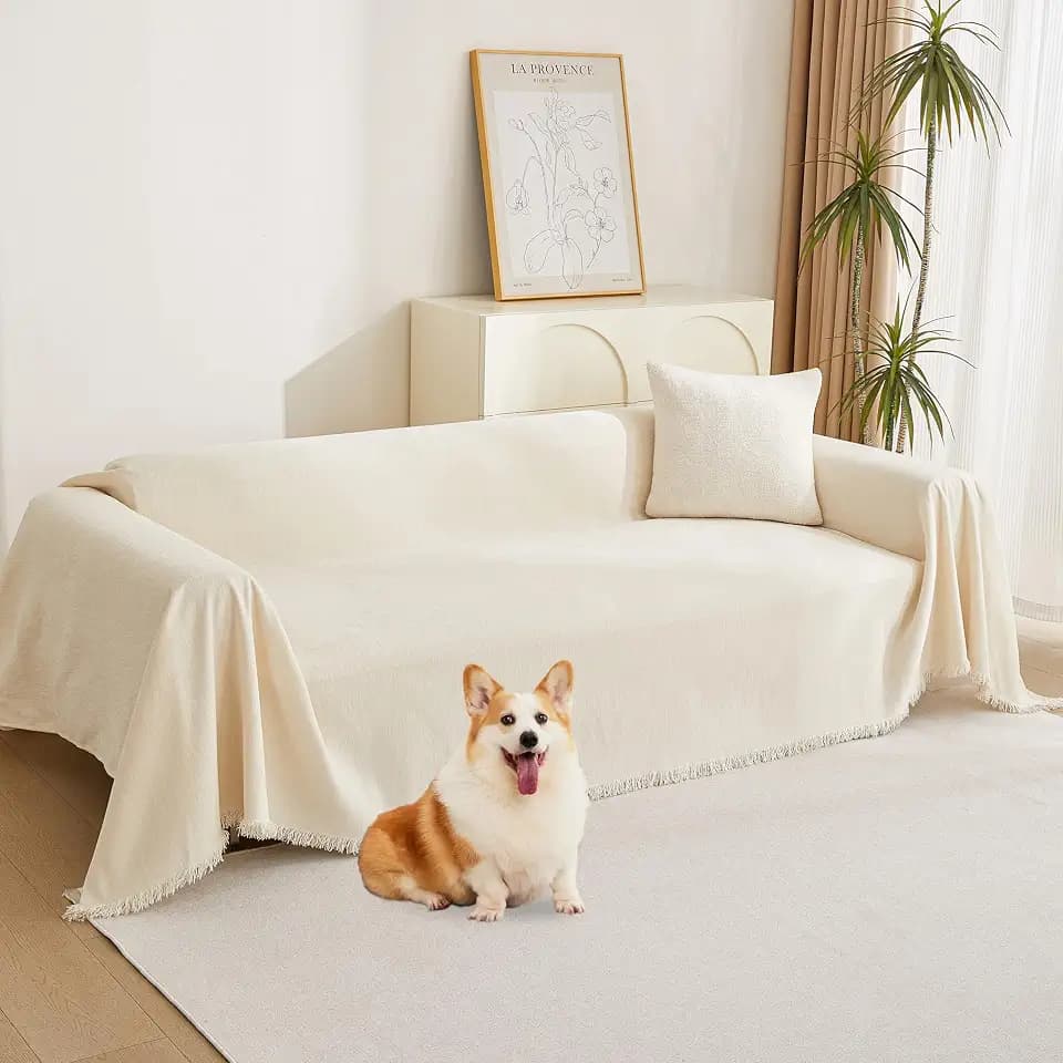 MYSKY HOME Loveseat Cover Beige Couch Cover Sectional Couch Covers for 2 Cushion Couch Sofa Thick Universal Chenille Sofa Cover with Tassel Durable Furniture Protector for Dogs 91" x 118"