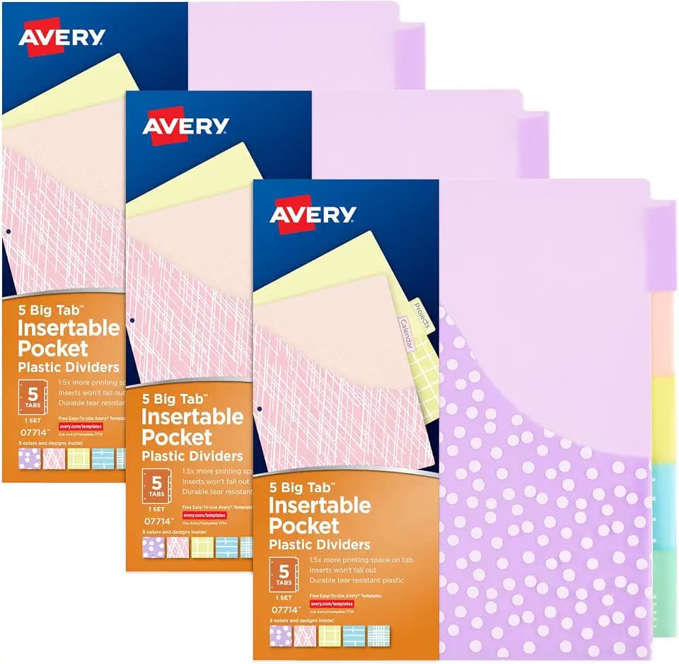 Avery Plastic Dividers, Insertable Big Tab, 5-Tab, Pastel, 3 Sets