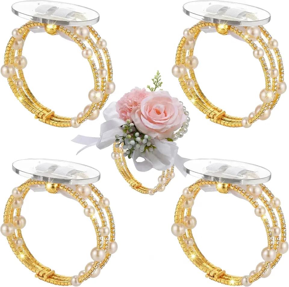 Hotop 4 Pcs Gold Corsage Wrist Bracelet Band Bride Pearl Rhinestone Bangles