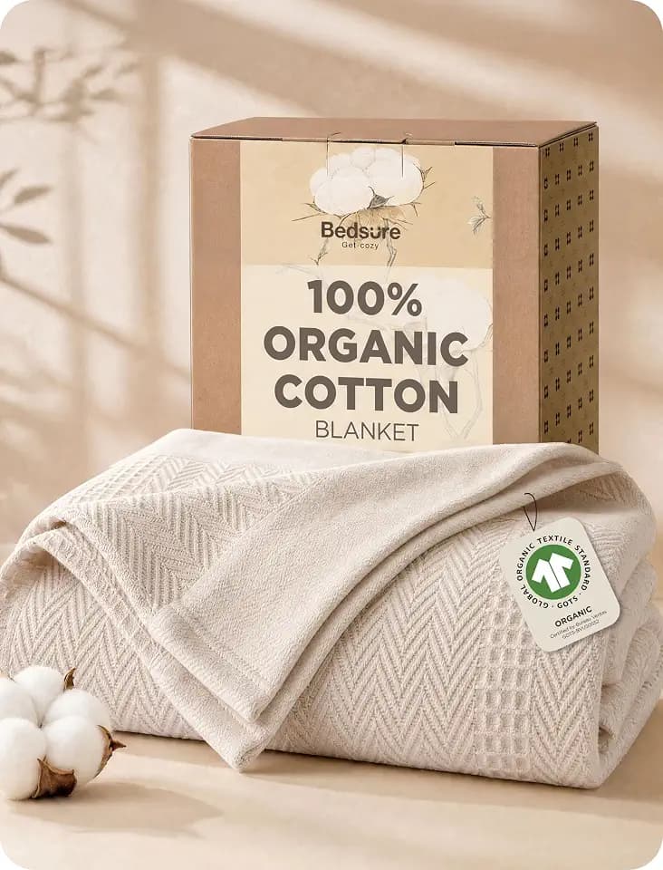 Bedsure PureWoven 100% Organic Cotton Waffle Bed Blanket, Queen, Warm Beige