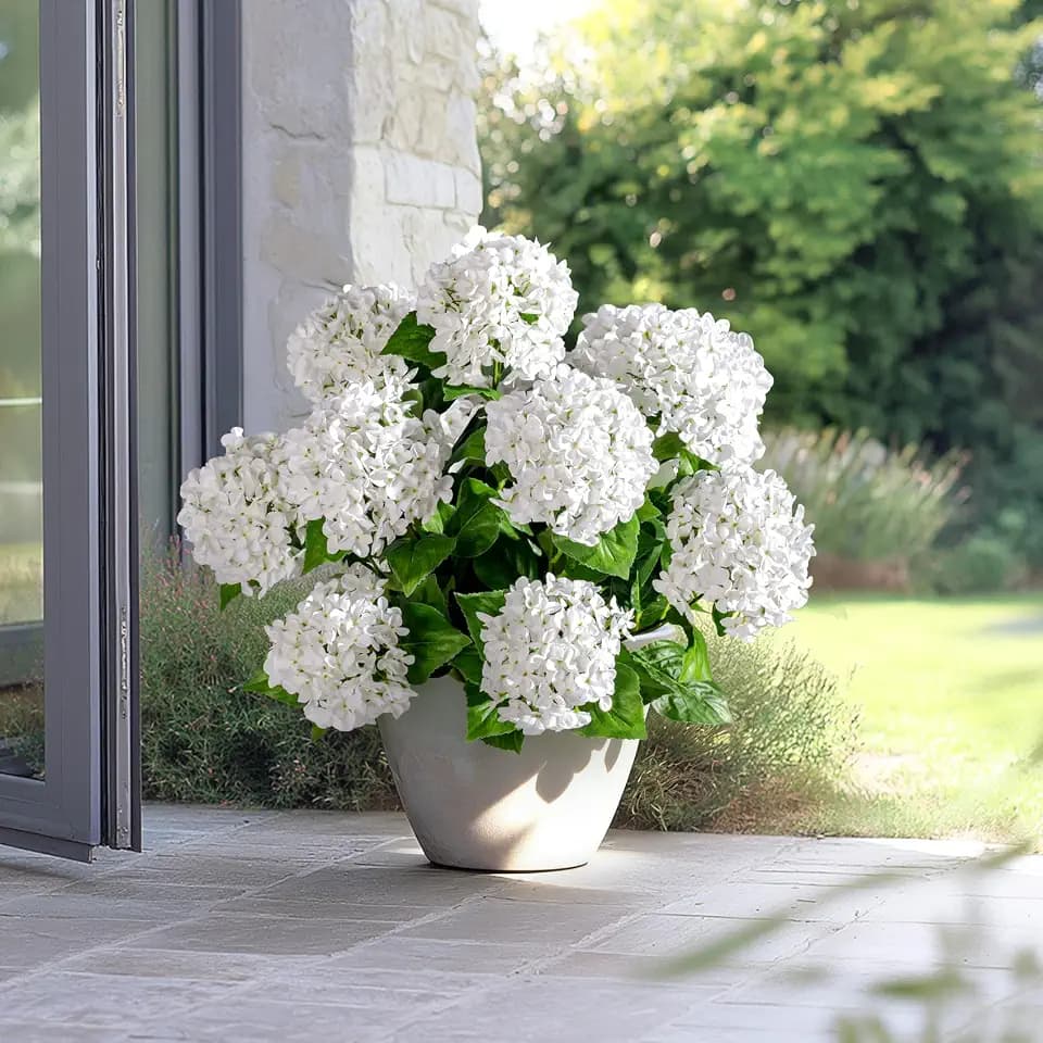 2 Set Faux Hydrangea Flowers Outdoor Large Artificial Hydrangea with UV Resistant Design Potted Plant for Front Porch Garden Patio Decor (White)