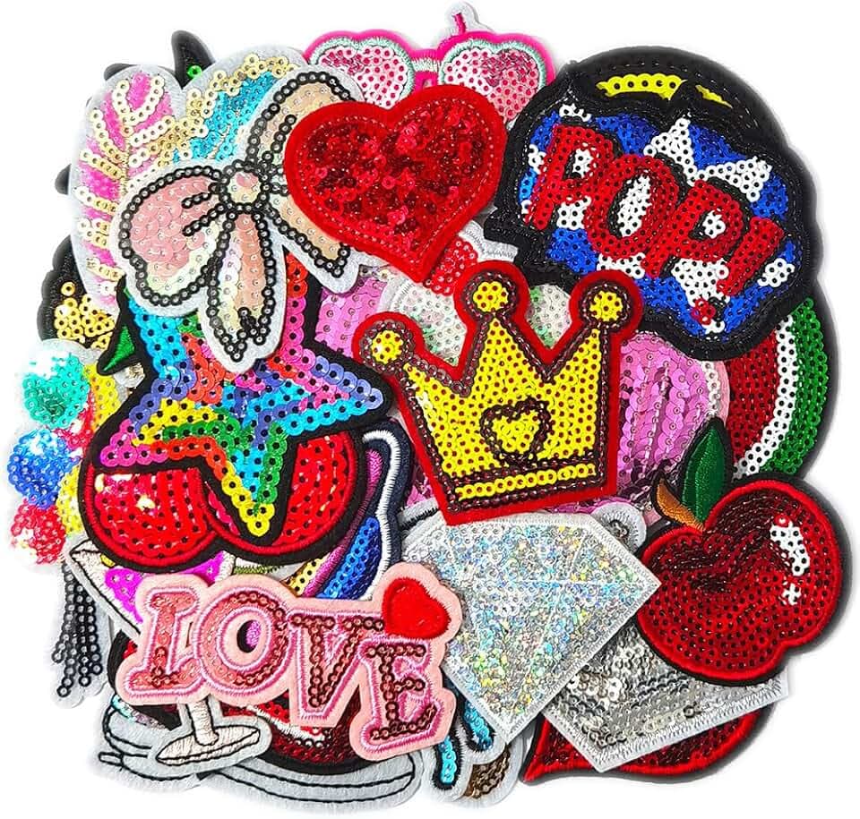 30pcs/1 Box Cuncuny Assorted Colorful Flower Word Sequin Kids Girls Patch Cuncuny Sewing on/Iron on Patch Applique DIY Craft Embroidered Applique Patches (Assorted Sequin)
