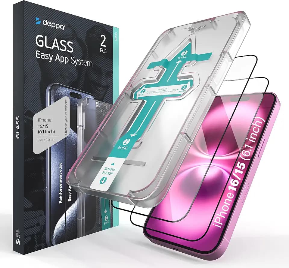 Deppa |2 Stück| für iPhone 16/iPhone 15 (6.1') Schutzfolie mit Schablone | 9H Stoßfest | Vollständige Abdeckung | Blasenfreie, einfache Installation| Ultra-Klar