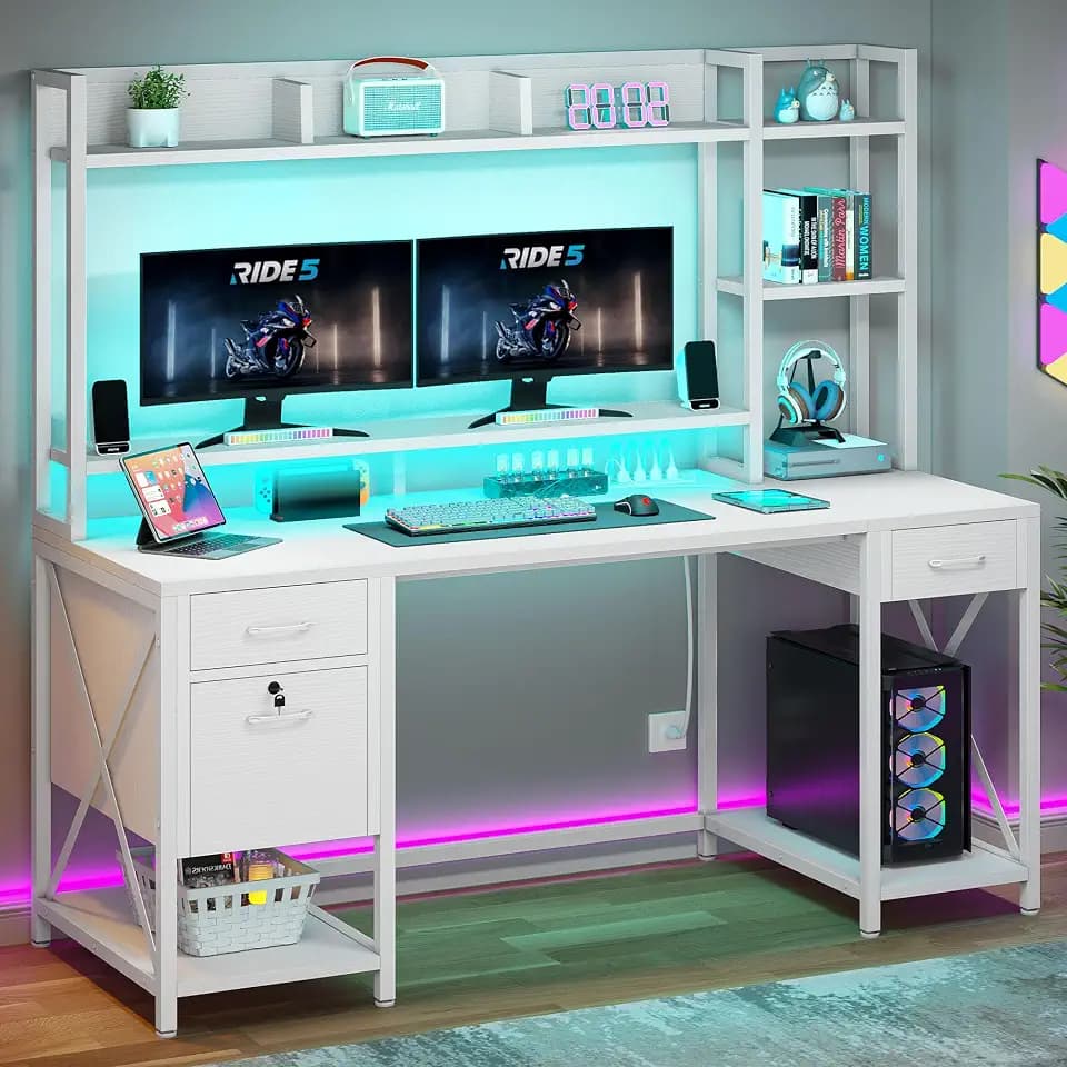 YITAHOME 59.1" Computer Desk with Drawers & Hutch, Power & LED, White
