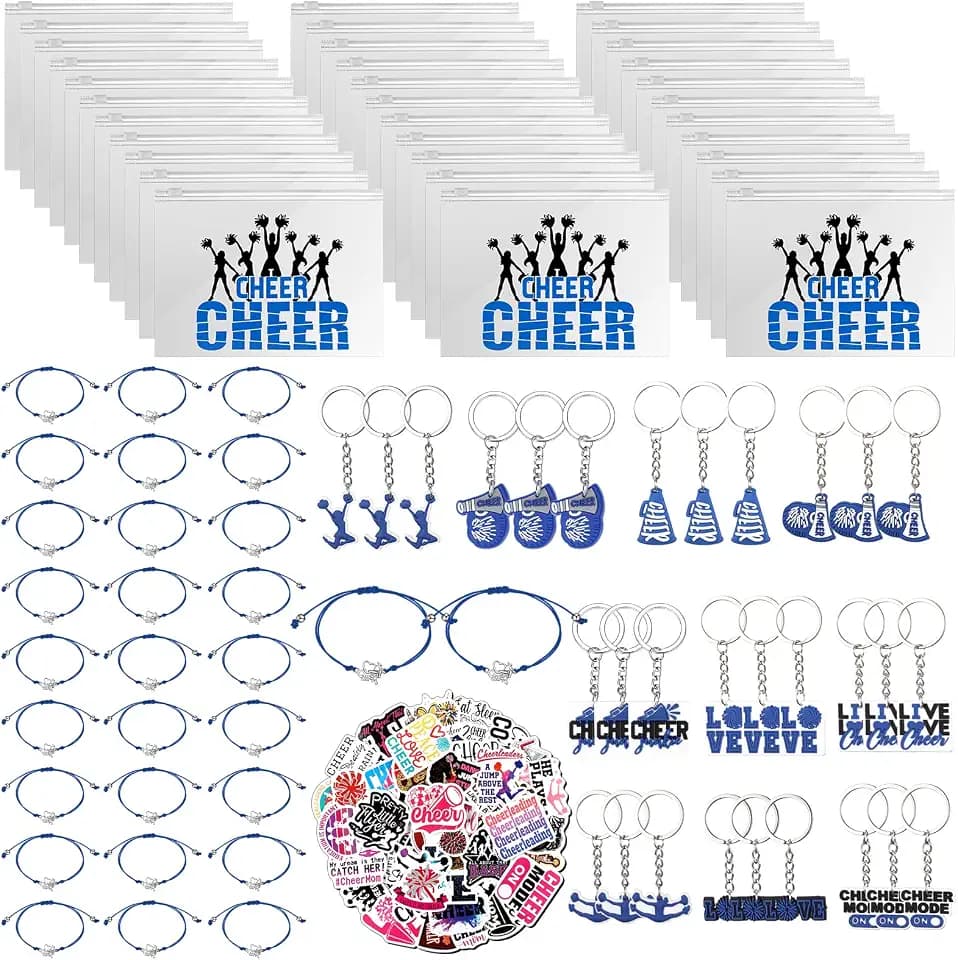 Huquary 91 Pcs Gifts for Cheerleader Cheer Gifts Bulk Cheer Makeup Bag & Keychain & Bracelet & Waterproof Stickers for Women Girls Teammates Gift Team(Blue)