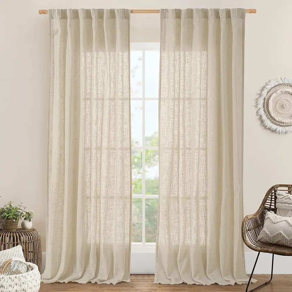 LAMIT Natural Linen Blended Curtains for Living Room 2 Panels Semi Sheer