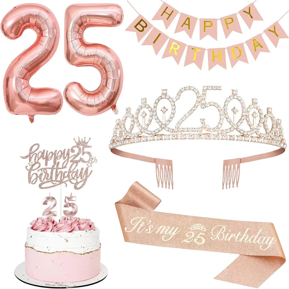 25th Birthday Decorations for Women, Tiara and Sash Party Kit