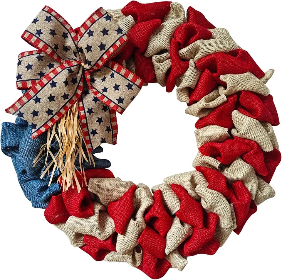 20 Inch 4th of July Patriotic Wreath, Red White and Blue American Flag Burlap Wreath with Bow, Front Door Porch Wreath for Memorial Day Indoor Outdoor Holiday Decor