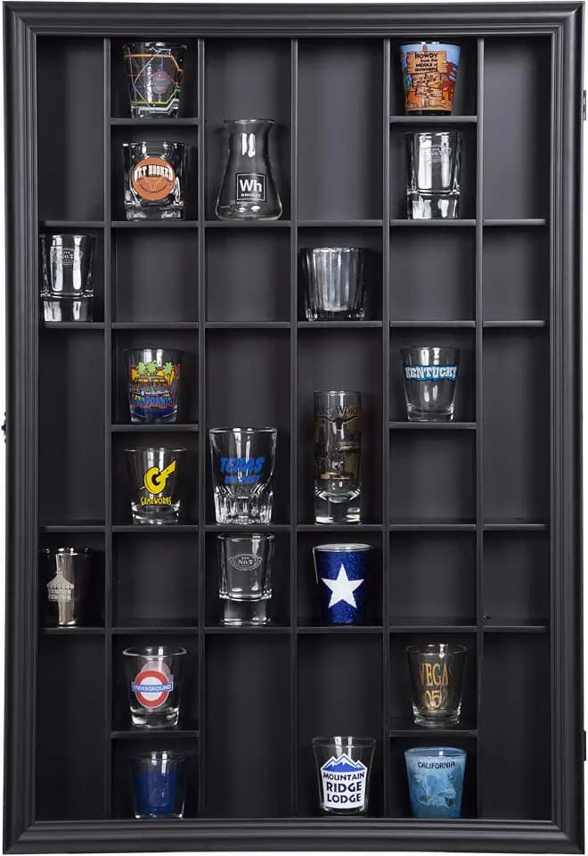 Gallery Solutions Black Shot Glass Display Case, 17 x 26 in., 52 Slots