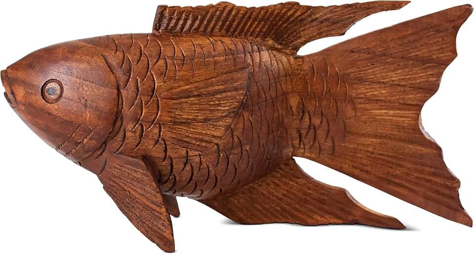 G6 Collection 8" Wooden Hand Carved Koi Fish Statue Figurine Sculpture Wood Decorative Home Decor Accent Handmade Handcrafted Seaside Tropical Nautical Ocean Coastal Decoration Koi Fish (8" Long)