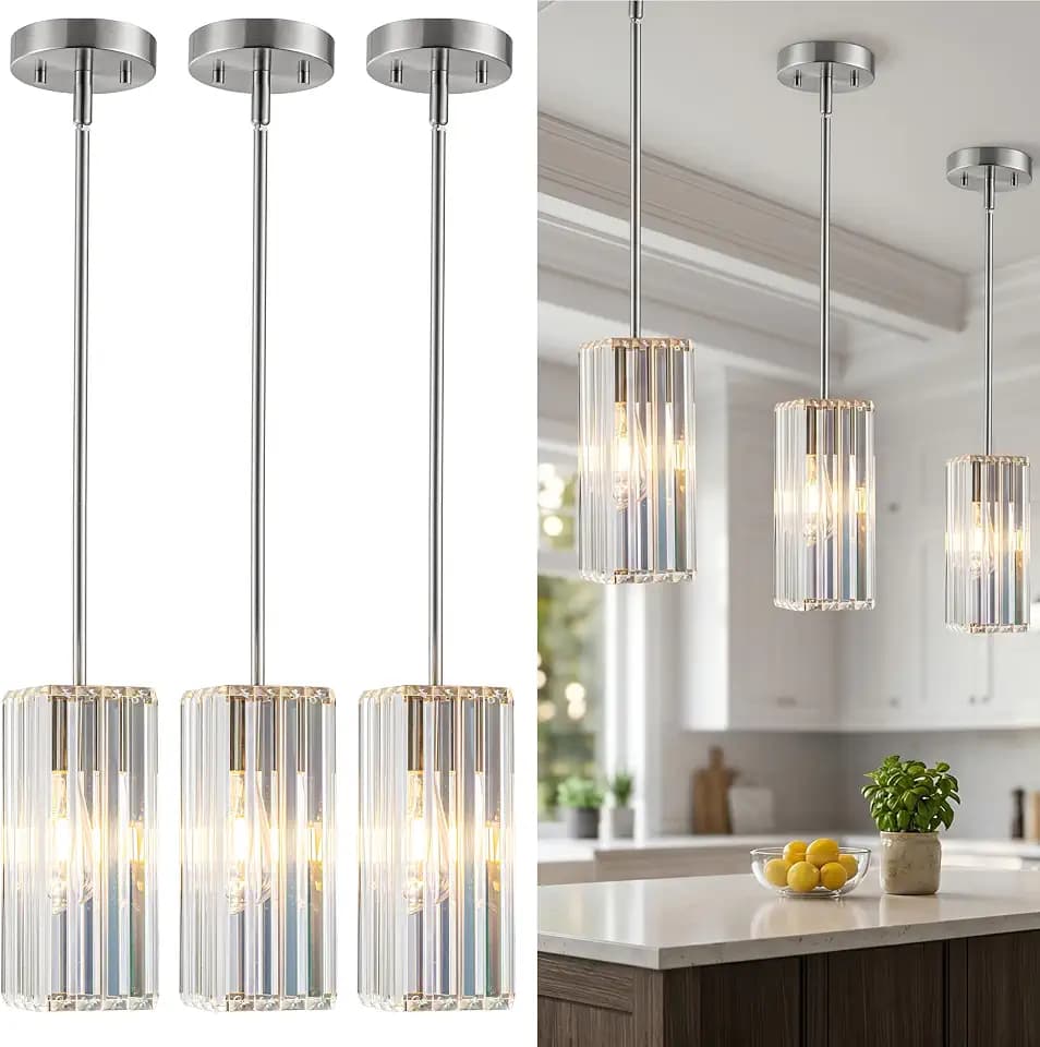 3-Crystal Pendant Lights Kitchen Island,Modern Brushed Nickel Hanging Light