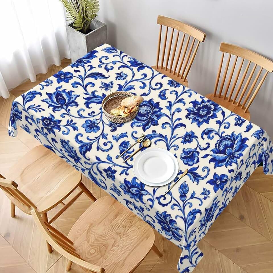Blue Floral Tablecloth Rectangle Table Cloth Washable Table Cover for Decoration Kitchen Dining Room 60x90 Inch