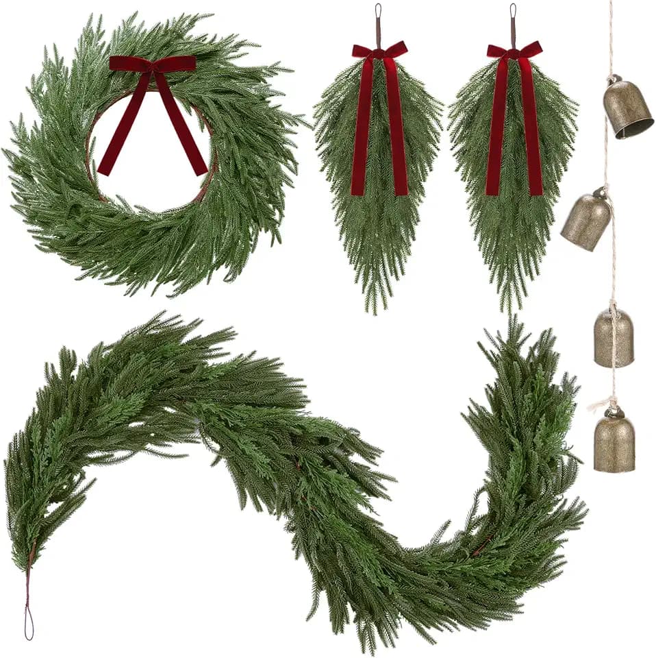 Syhood Christmas Garland Set with Wreath, Teardrop Swag & Bell, Red, 6ft