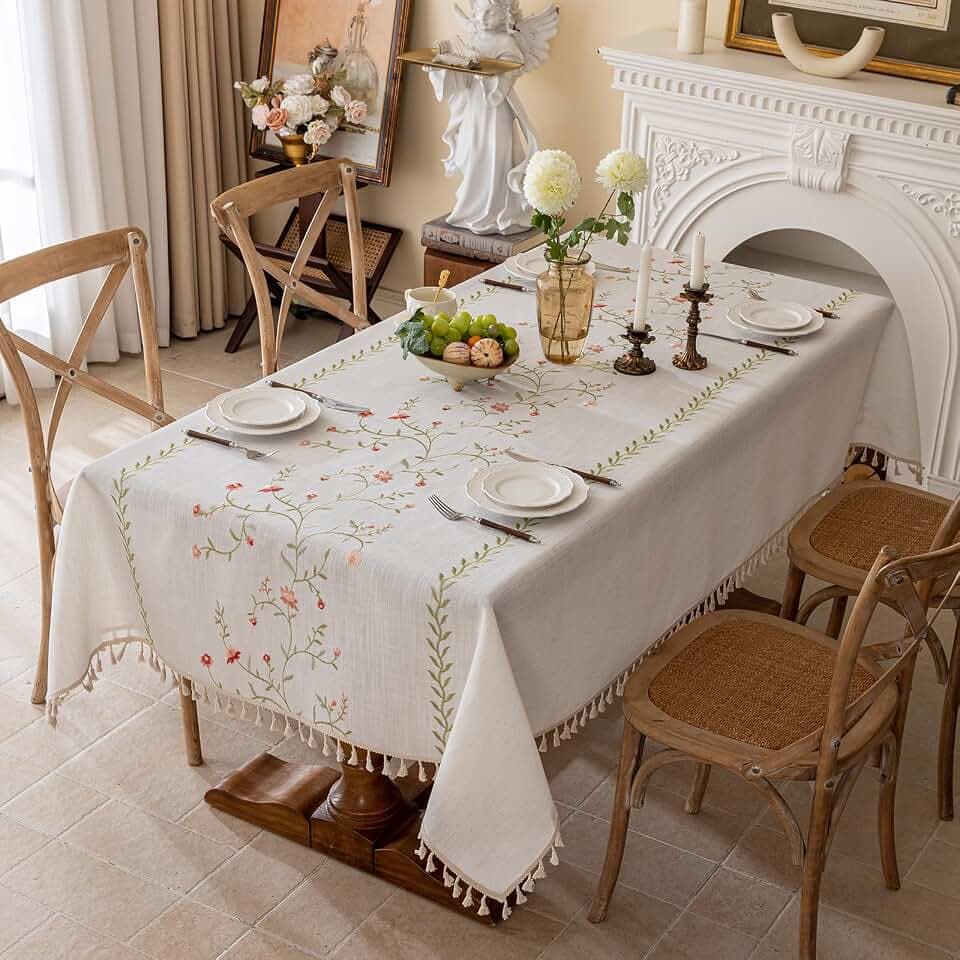 Joyfol Day Linen Spring Flowers Tablecloth with Tassels, Rustic Farmhouse Embroidery Waterproof Table Cloths for Rectangle Tables, Heavy Weight Spill-Proof Table Covers, Pink Florals, 55''x 86''