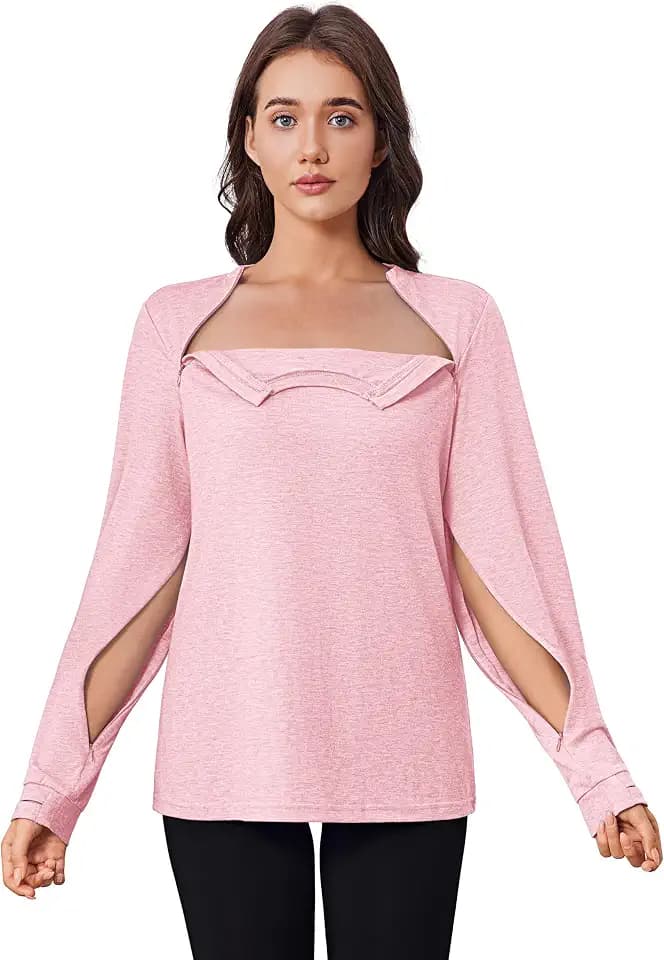 Deyeek Chemo Shirts for Port Access Women Long Sleeve Shoulder Post Surgery Shirt Dialysis Sweatshirts with Arm Zipper