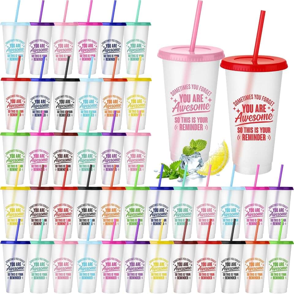 Inbagi 48 Pack Thank You Gift You Are Awesome Cup Employee Appreciation Gift 24 oz Plastic Tumbler with Lids and Straw Inspirational Reusable Tumbler Back to School Cups for Teacher Student Coworker