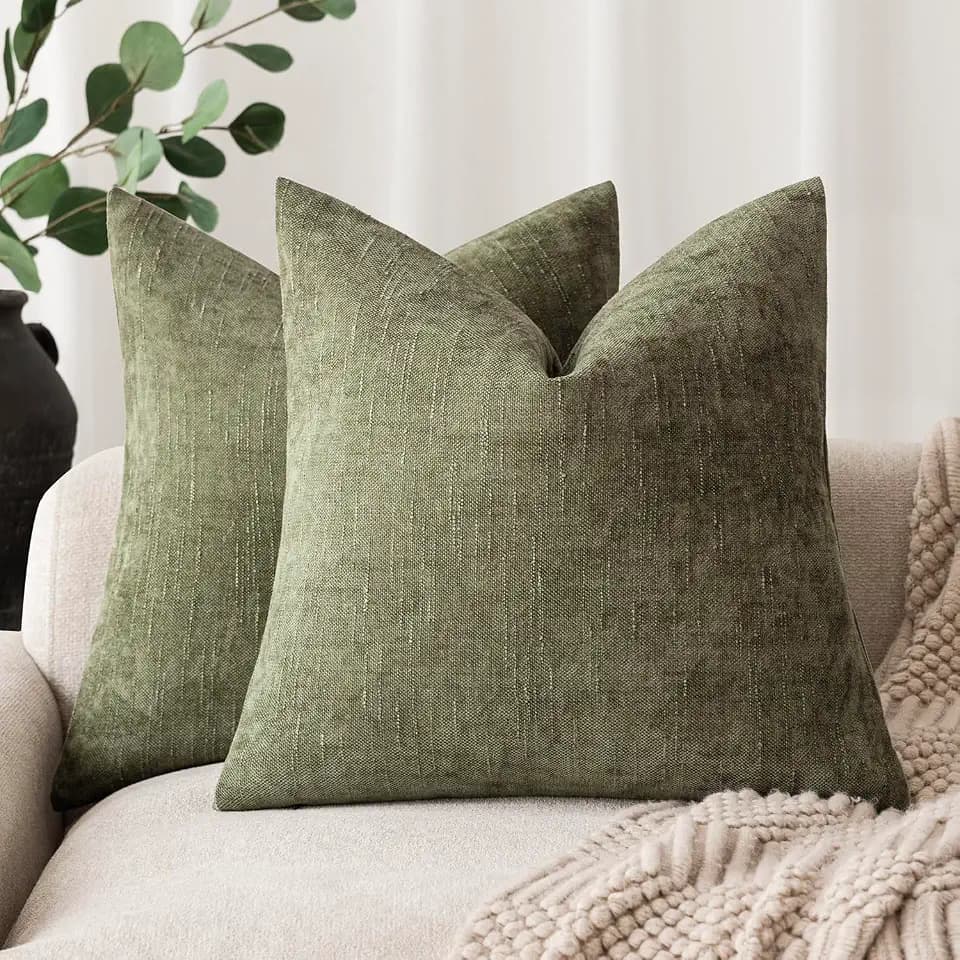 Foindtower Solid Textured Chenille Throw Pillow Covers 18x18,Olive Green