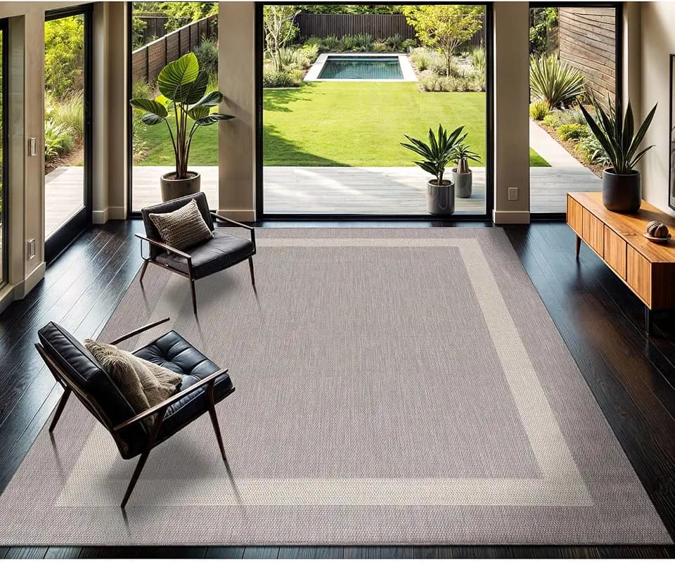 CAMILSON Outdoor Rug 9x12,Large Modern Outside Rugs for Patios Porches Waterproof Durable Washable Non-Shedding, Easy-to-Clean Indoor Outdoor Area Carpet (9 x 12, Bordered - Gray/White)