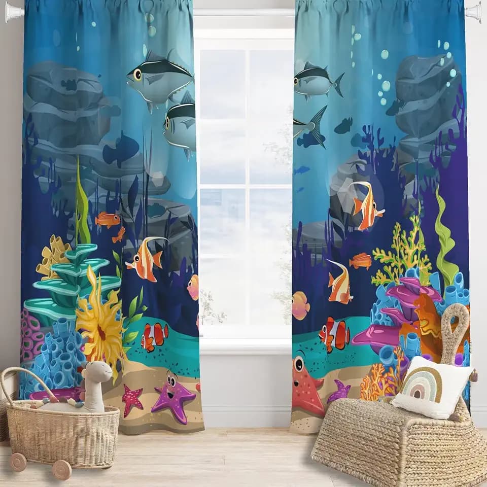 Kids Curtains Cartoon Underwater Ocean Nature Cute Sea Animals Starfish Coral Kids Boys Girls Bedroom Living Room Bathroom Nursery Rod Pocket Decoration Window Drapes 2 Panels W21xL45in