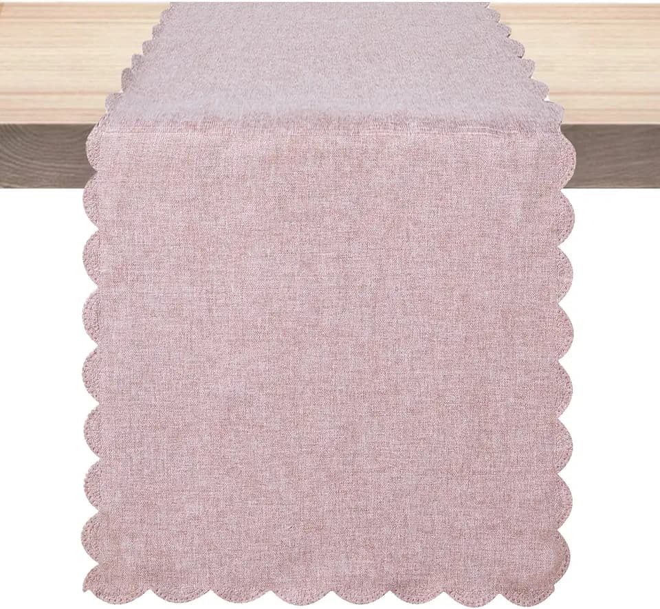 Pink Cotton Table Runner 13 x 72 in Long Farmhouse Scallop Style