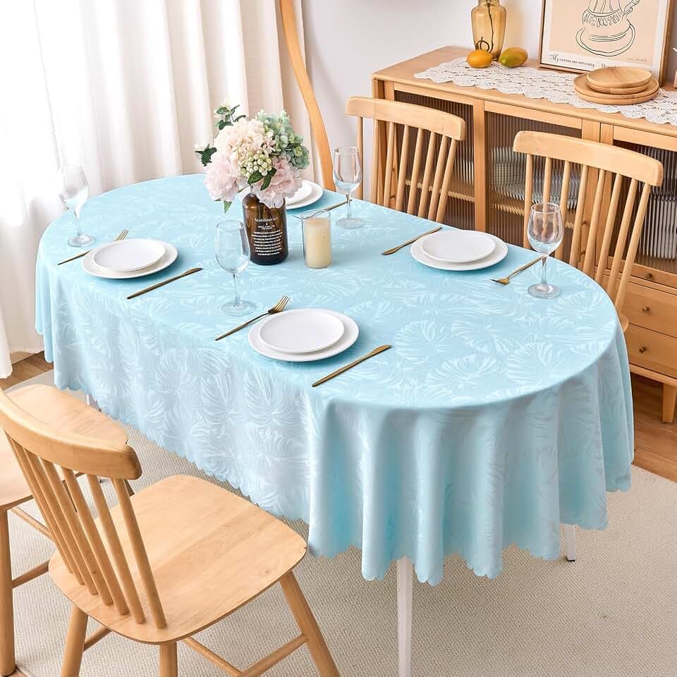 Oval Tablecloth 50x70 Inch Blue Table Cloth Leaves Pattern Scalloped Edge Silky Soft Fabric Waterproof Wrinkle Free Washable Table Cover for Kitchen Dinning Party Decoration