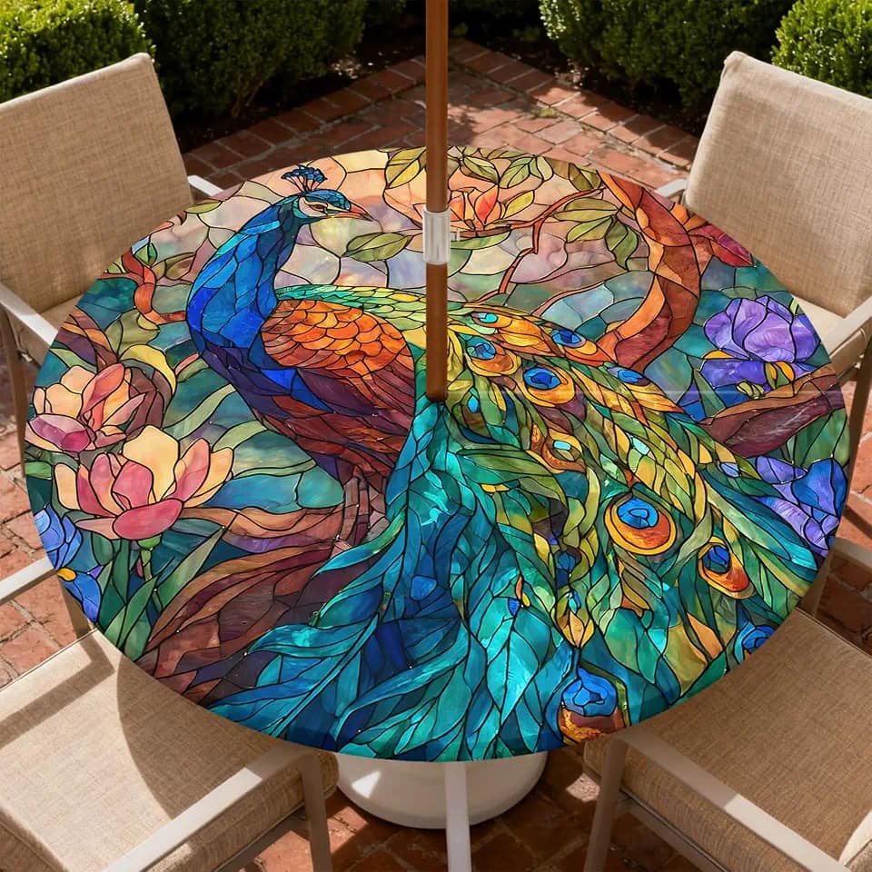 Outdoor Tablecloth with Umbrella Hole and Zipper Fits 53-60" Tables
