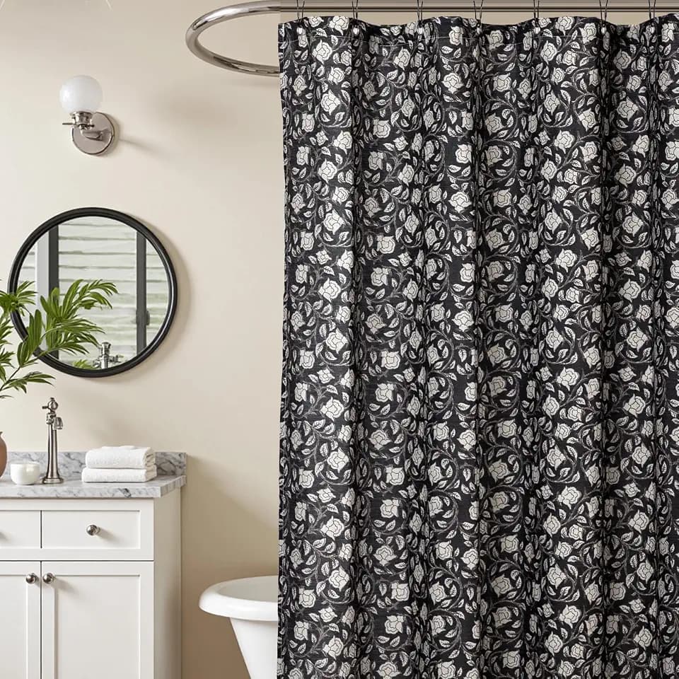 MUGINYU Black Floral Shower Curtain with Taupe Block Print - Linen Texture Vintage French Country Bathroom Decor, Neutral Cottagecore Aesthetic Pattern, 72x72 Inches