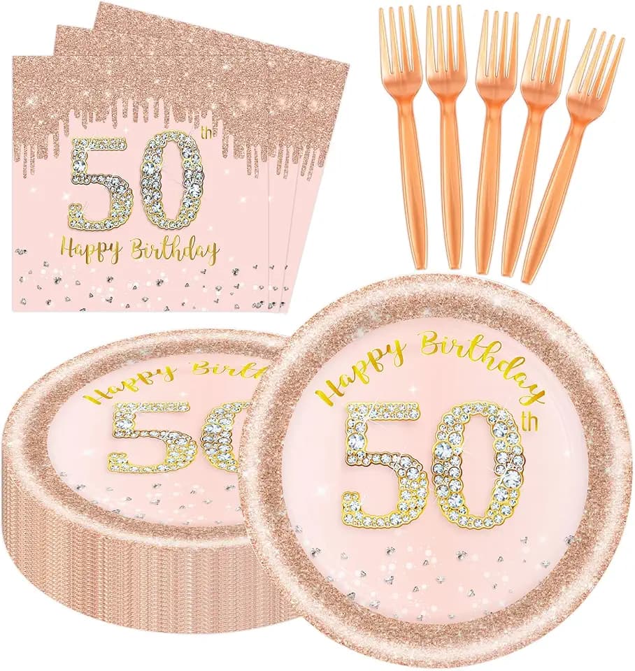 60 PCS 50th Birthday Decorations for Women, 50th Birthday Plates and Napkins Rose Gold Disposable Tableware Set Party Supplies for Women Cheers to 50 Years Anniversary (50TH)