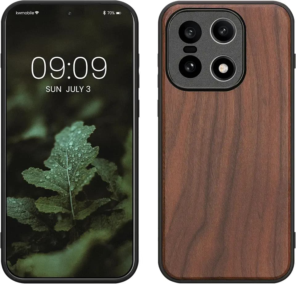 kwmobile Real Wood Case Compatible with OnePlus 15 Case - Hard Wooden Cover w/TPU Bumper - Dark Brown