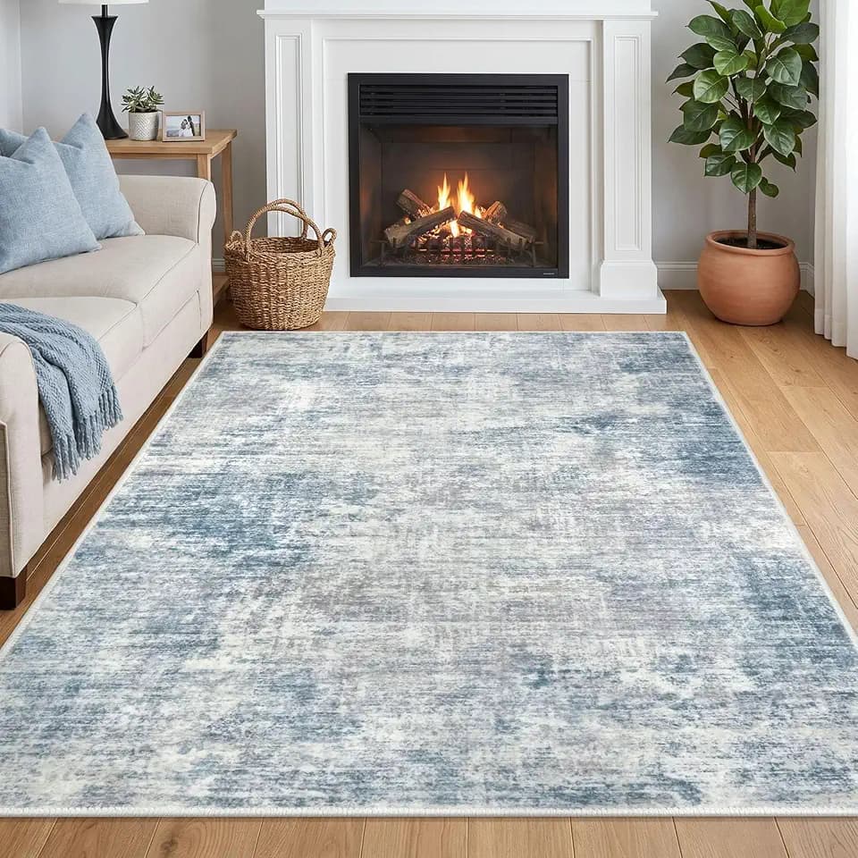 IOHOUZE Abstract Area Rugs 5x7 Ft Washable Rugs for Living Room, Non Slip Dining Room Rug, Printed Faux Wool Rugs for Bedroom, Floor Carpet for Office Nursery Playroom, Light Blue Grey