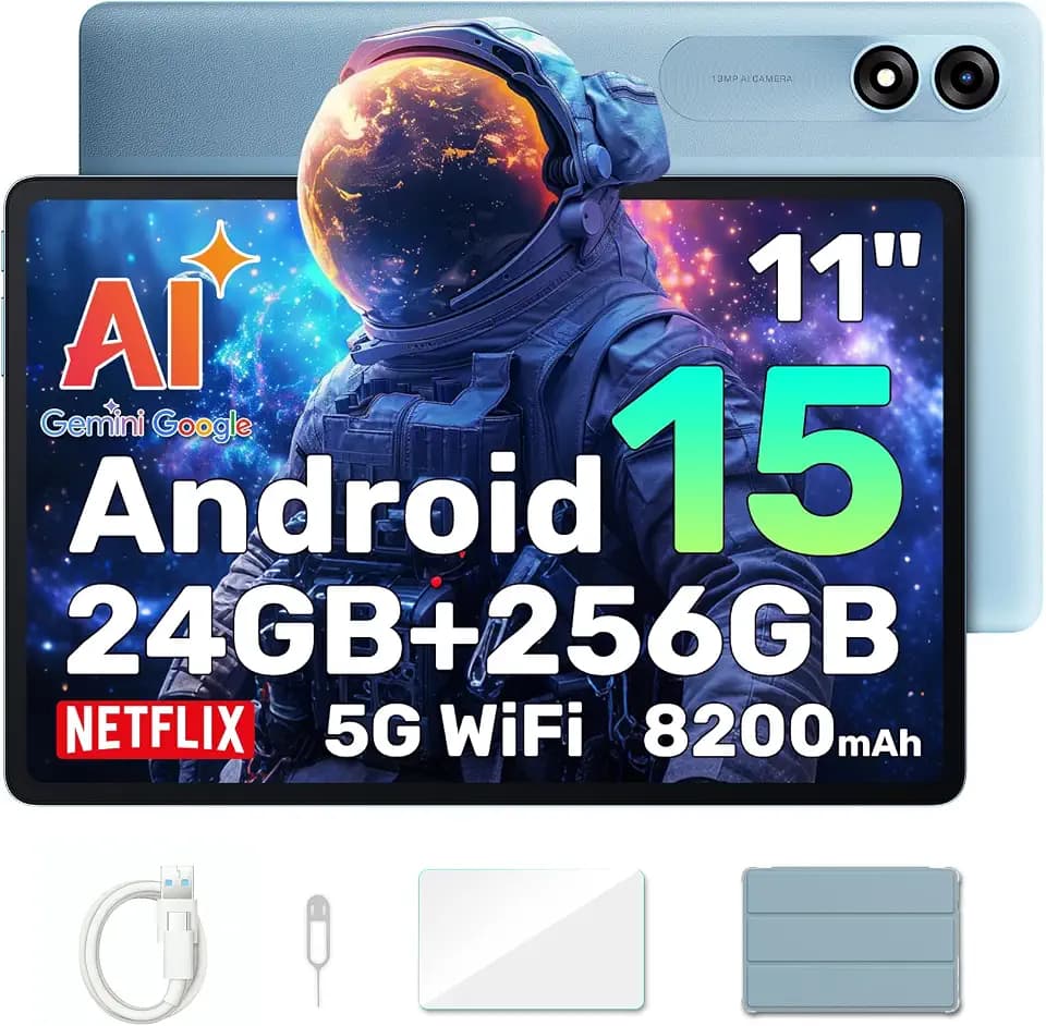 Blackview Tablet 11 Zoll Android 15 Gemini AI, 24GB RAM + 256GB ROM (2TB TF)/8200 mAh Akku/1920 * 1200 FHD IPS Widevide L1/Face ID/PC Mode/Octa-Core Gaming Tablet mit Hülle