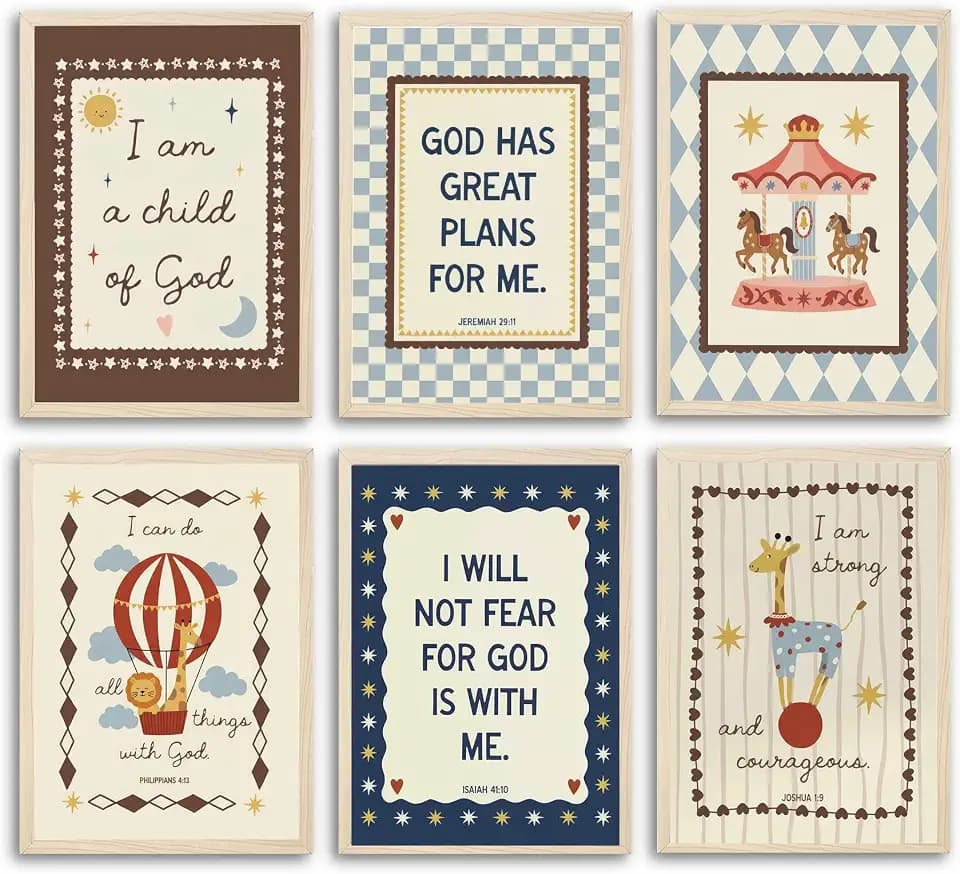 Christian Nursery Wall Art Set of 6 - Bible Verse Canvas Prints 8x10, Scripture Art for Kids Room Decor, Faith-Based Inspirational Quotes for Boys Girls Bedroom Unframed