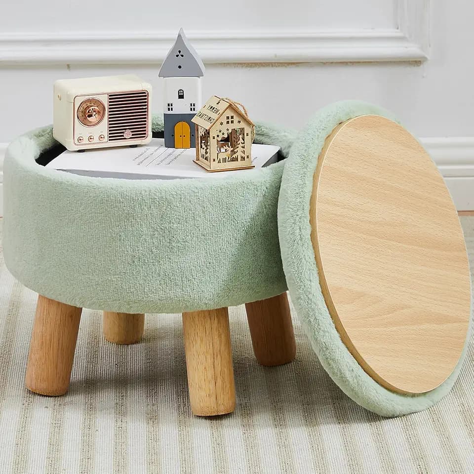Small Foot Stool Ottoman with Storage, Soft Faux Fur Ottoman Foot Rest for Couch, Round Footstool with Storage, Small Ottomans and Footstools for Living Room and Entryway (Light Green)