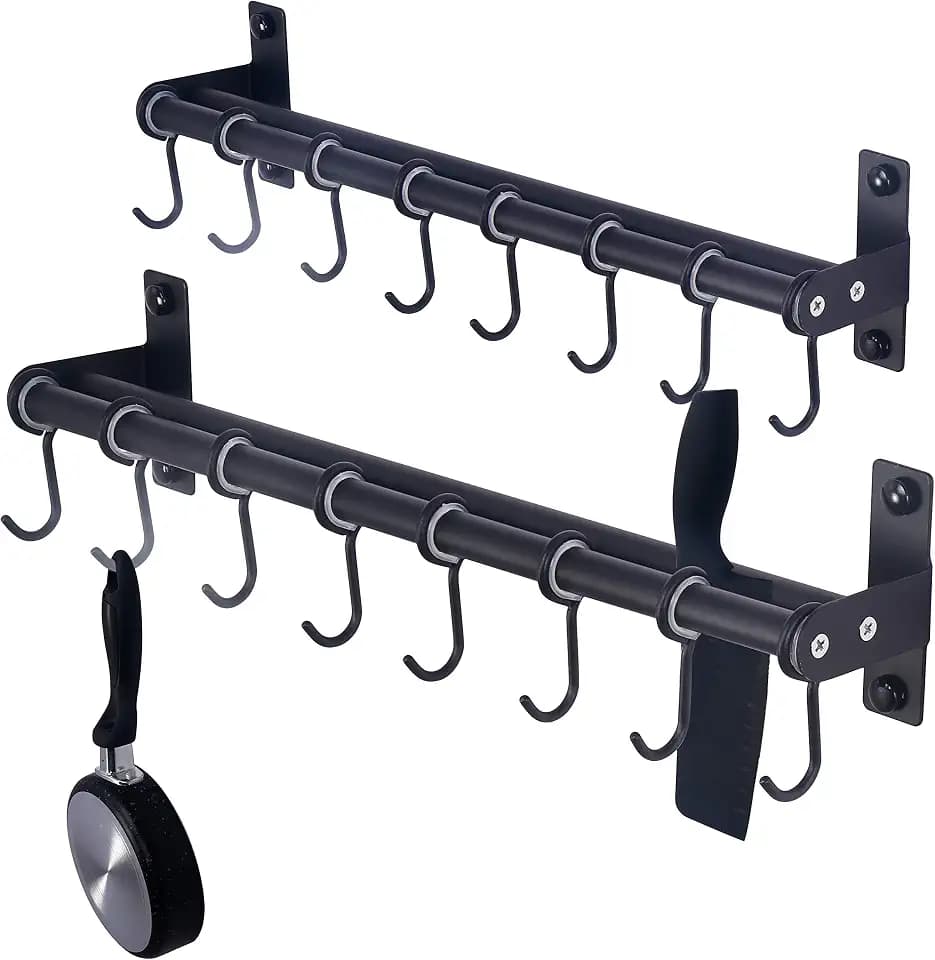 Dseap Pot Rack - Pots and Pans Hanging Rack Rail with 8 Hooks, Double Bars, Pot Hangers for Kitchen, Wall Mounted, Black, Pack of 2