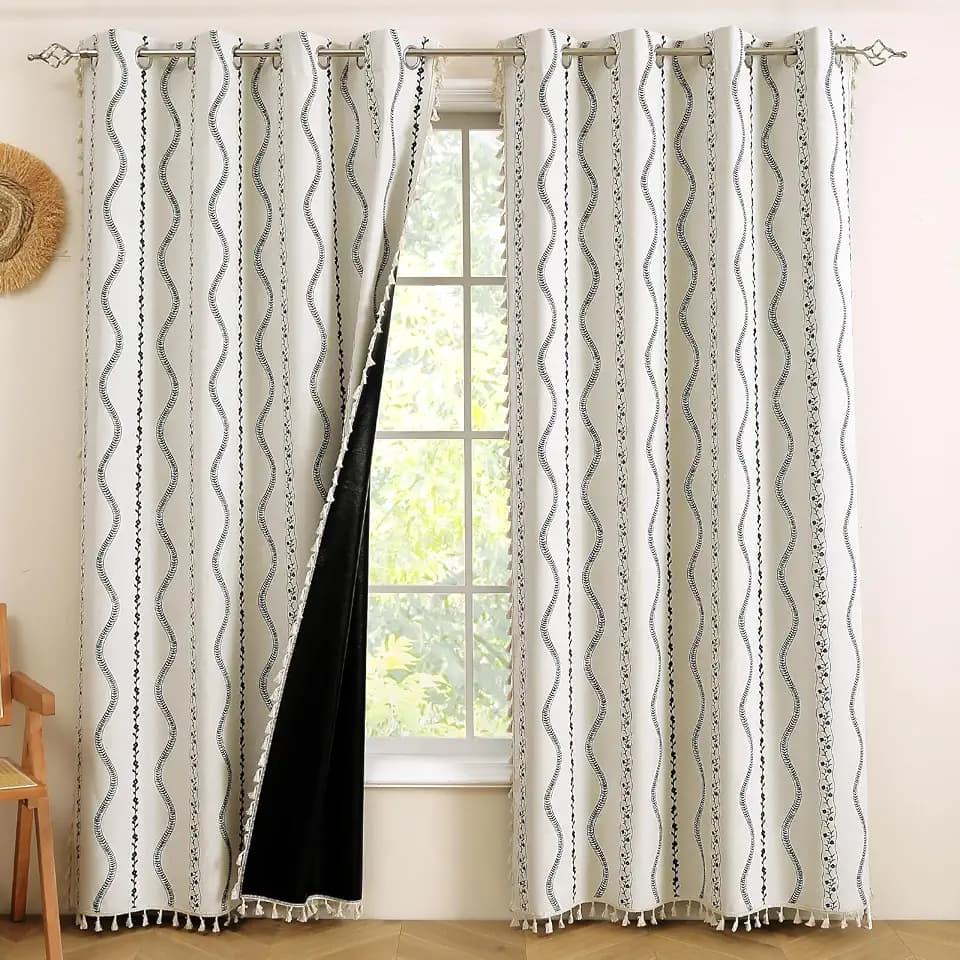 ColorBird Boho Floral 100% Blackout Curtains for Bedroom Light Blocking Window Curtains & Drapes Farmhouse Vintage Western Black and White Patterned Black Out Drapes 63 Inch for Dining Living Room
