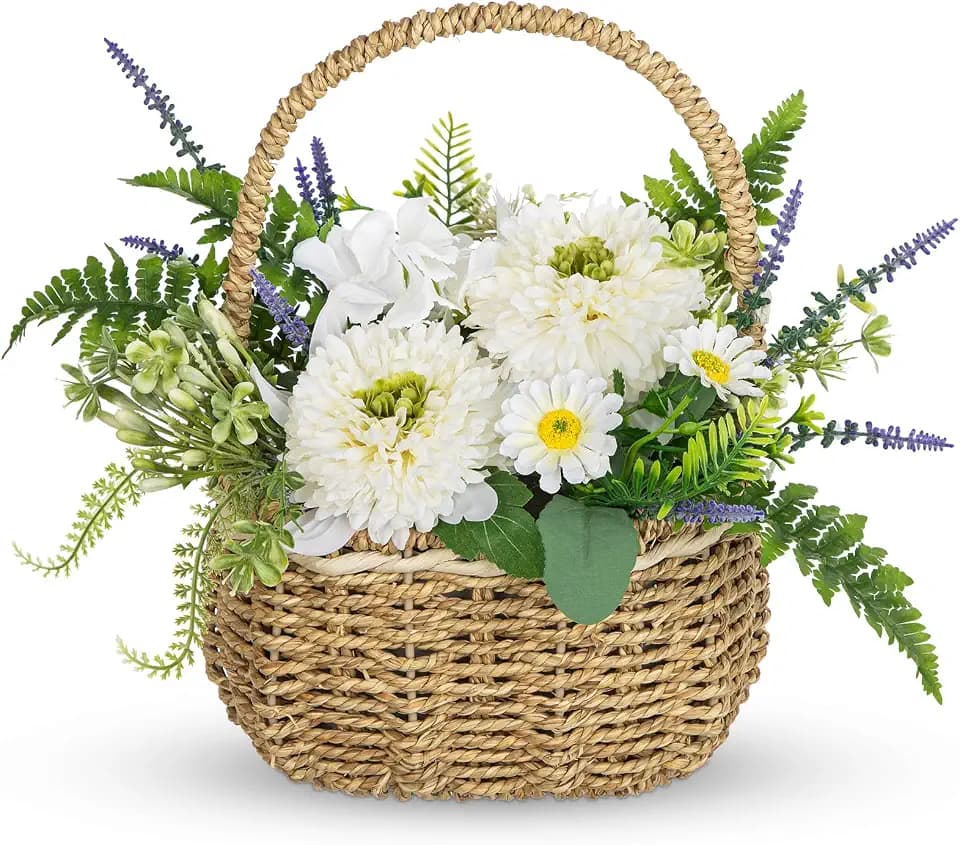 Dahlia Artificial Flowers, Spring/Summer Flower Centerpieces for Tables Silk Flower Arrangements with Woven Basket Fake Dahlia with Daisies & Lavender White Flower Arrangement for Kitchen Dinner Table