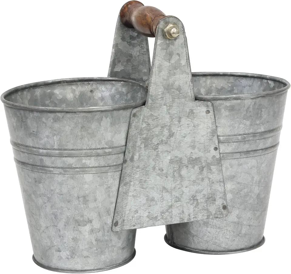 Stonebriar Small Antique Galvanized Metal Double Bucket with Wooden Handle