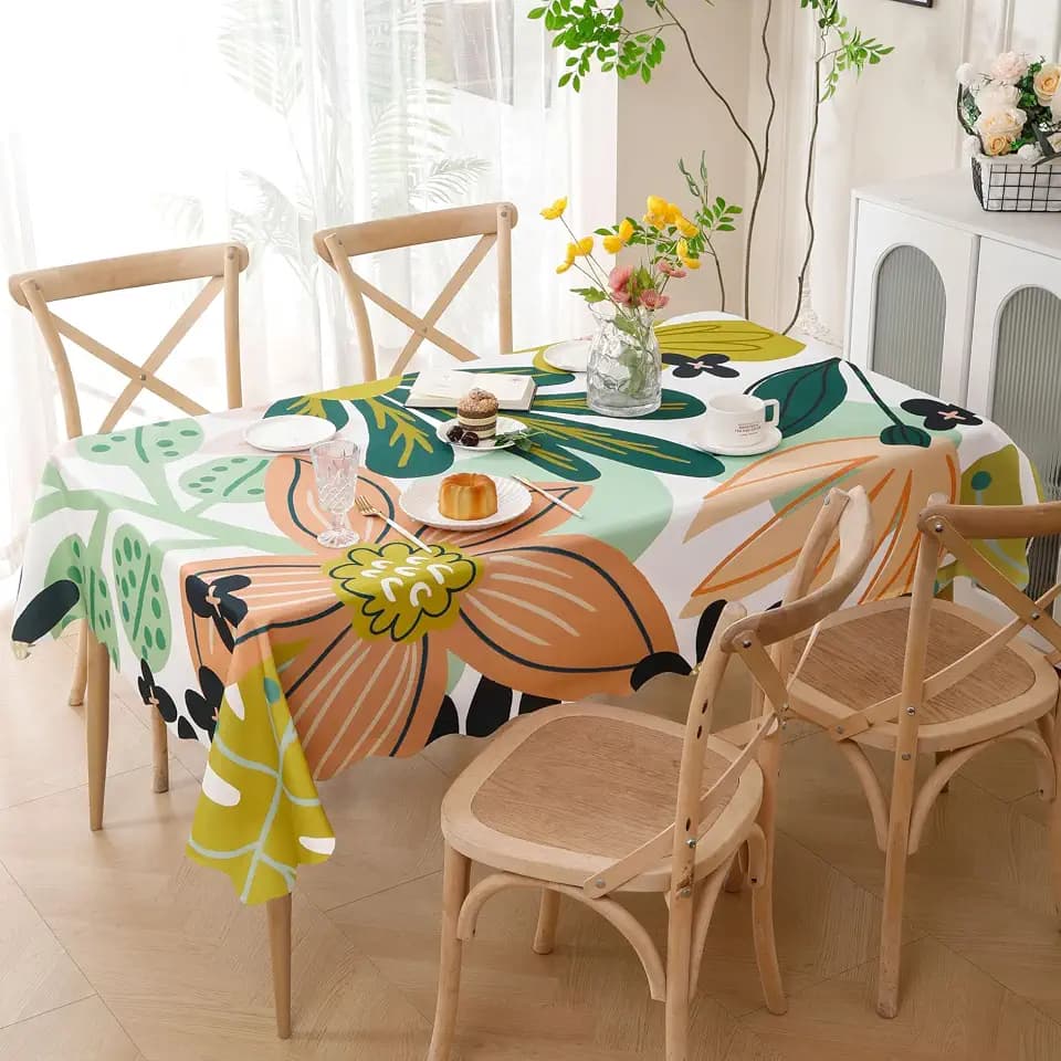 Tyrot Scalloped Boho Floral Rectangle Table Cloth Farmhouse Waterproof Stain Resistant Tablecloth Mid Century Botanical Indoor Outdoor Table Covers for Kitchen Dining/Party, 52x70, Green Pink