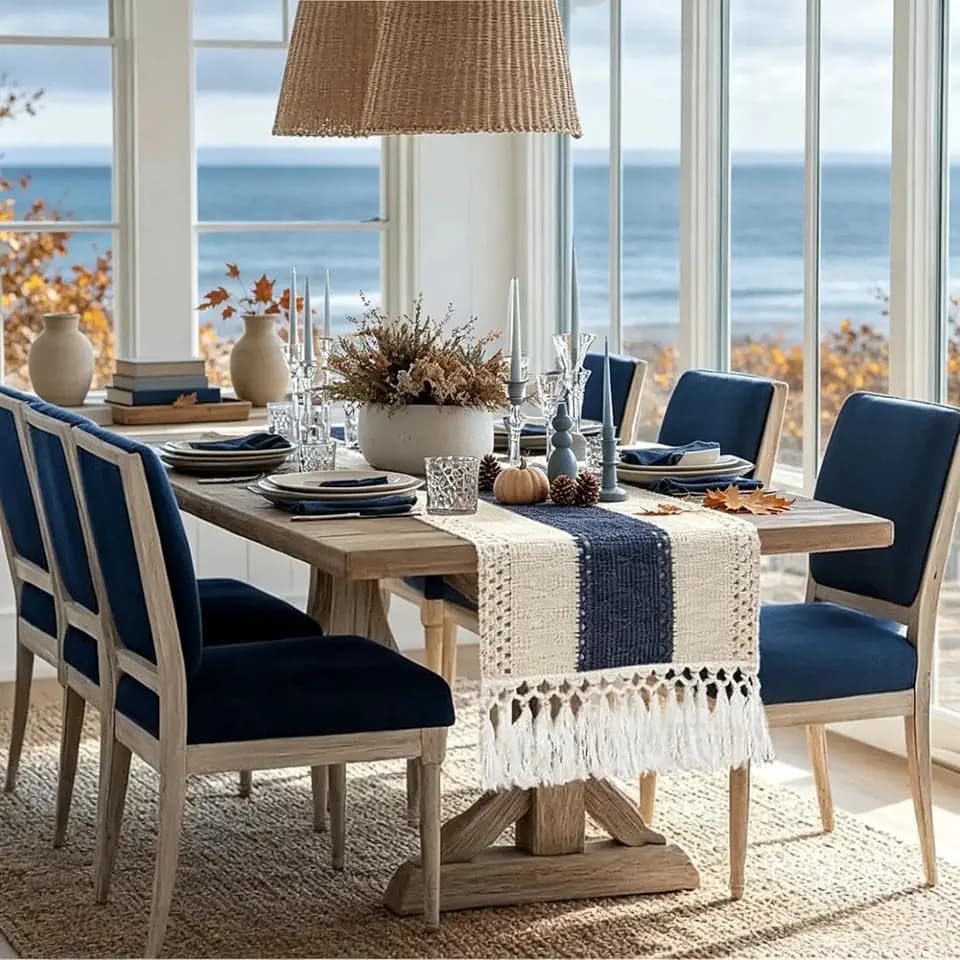 yuboo Table Runner 72 Inches Long, Blue and White Table Runner - Farmhouse Coastal Boho Macrame Dresser Runners for Bedroom, Dining & Coffee Table with Tassels