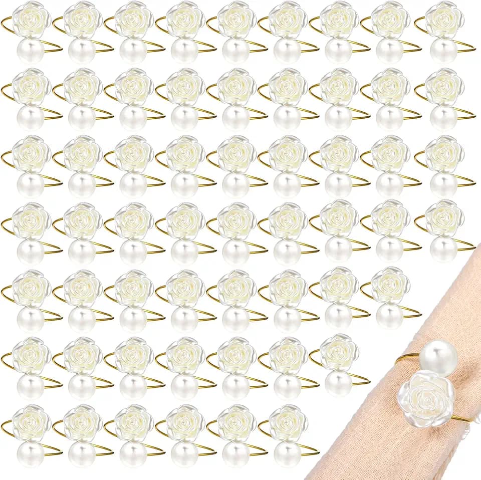 Molain 50Pcs Napkin Rings, Imitation Pearl Rose Holder Ring Table Setting