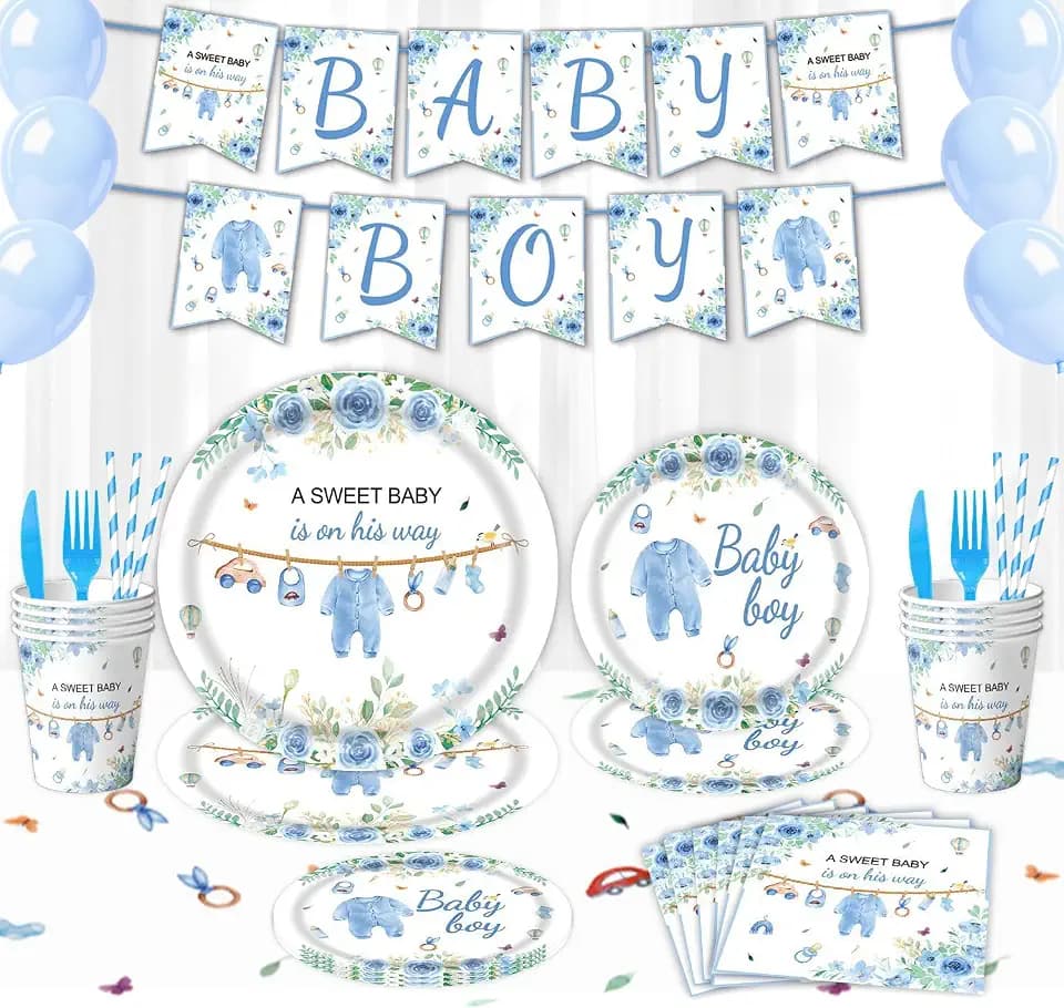 Baptism Party Supplies Set,Blue First Holy Communion Disposable Tableware Set God Bless Baptism Disposable Paper Plates Sets for Party Baby Shower Decorations,Serves 20