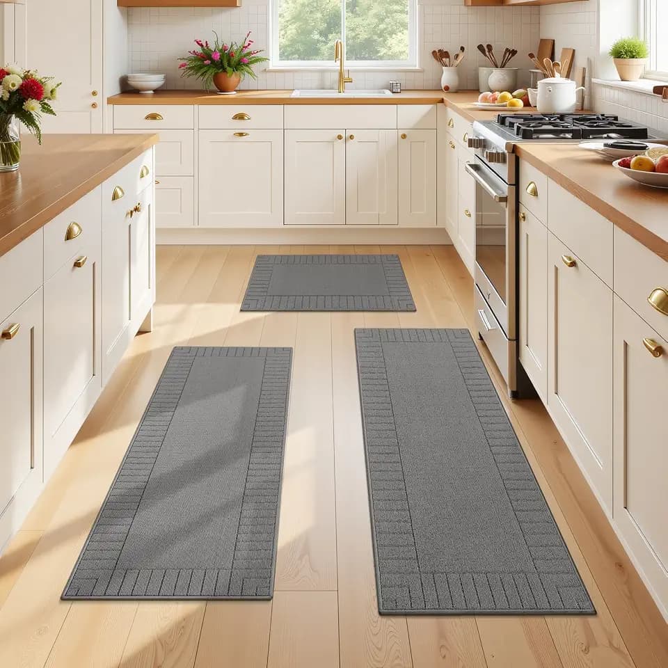 Pauwer Kitchen Mats for Floor 3 Piece Set, Non Slip Kitchen Rugs, Grey