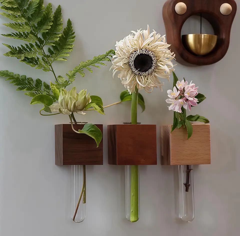 Mini Vase Magnets for Fridge,3PCS 3D Magnetic Wooden Wall Vase Holders with Test Tube, Magnetic Attachment Hard no Falling, Modern Home,for Kitchen, Refrigerator, Bedroom, Storage, Office Decorations