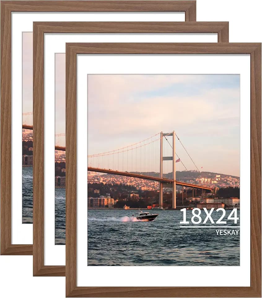 YESKAY 18x24 Picture Frame Brown Set of 3, Display Pictures 16x20 with Mat or 18 x 24 Without Mat, Poster Frames 18x24 for Wall Hanging Horizontal and Vertical